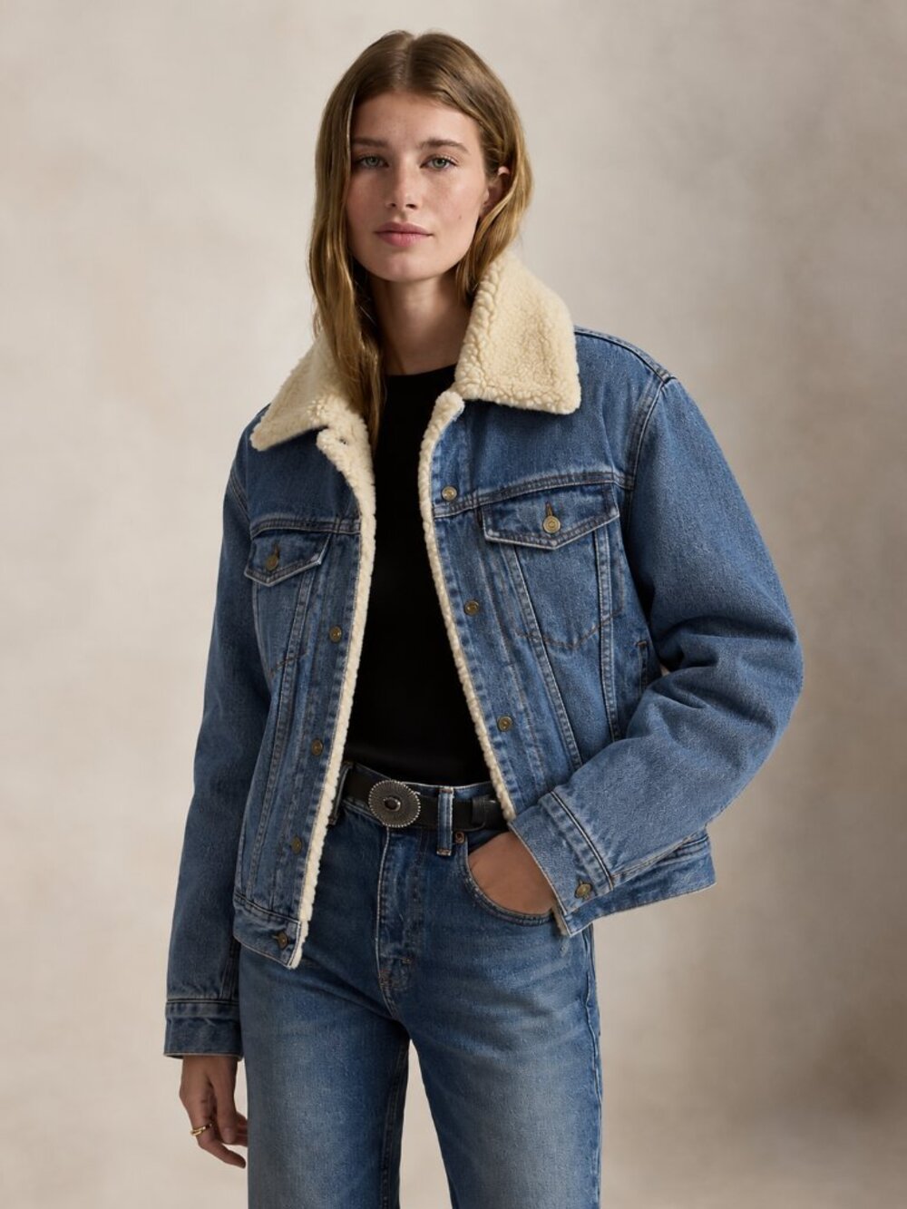 Lauren Jeans Co Ralph Lauren Trucker Shearling Lined Denim Jacket Petite Small